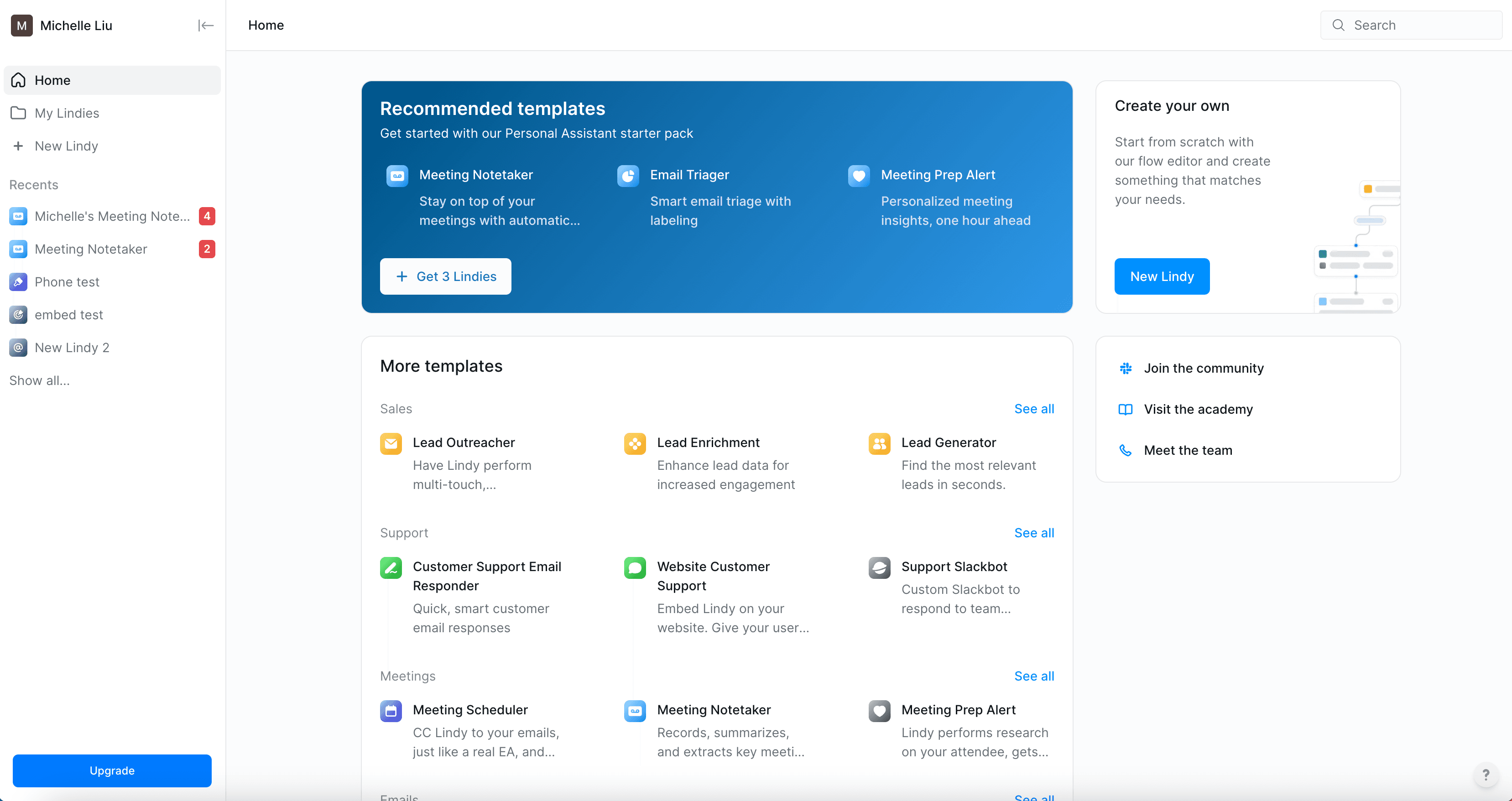 Lindy app home showing a grid of AI agent templates by role